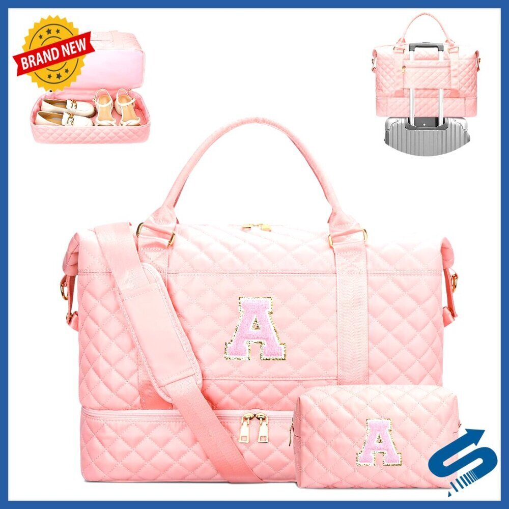 Quilted Weekender Duffel Bag with Cosmetic Bag, Shoe Compartment, Trolley Sleeve